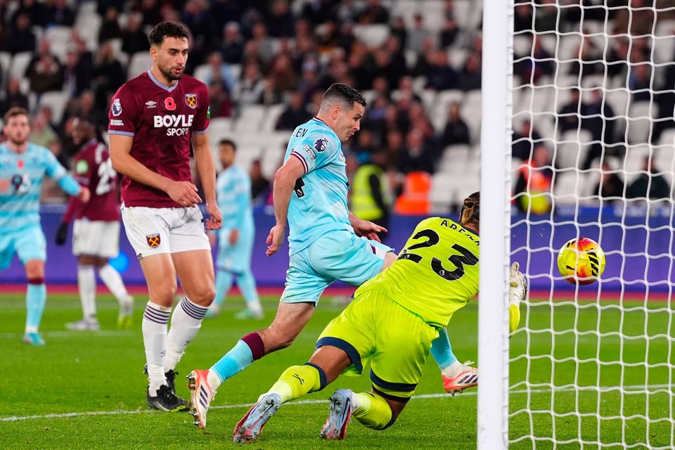 Burnley's Josh Cullen scores their side's second goal of the game during the Premier League match at the London Stadium